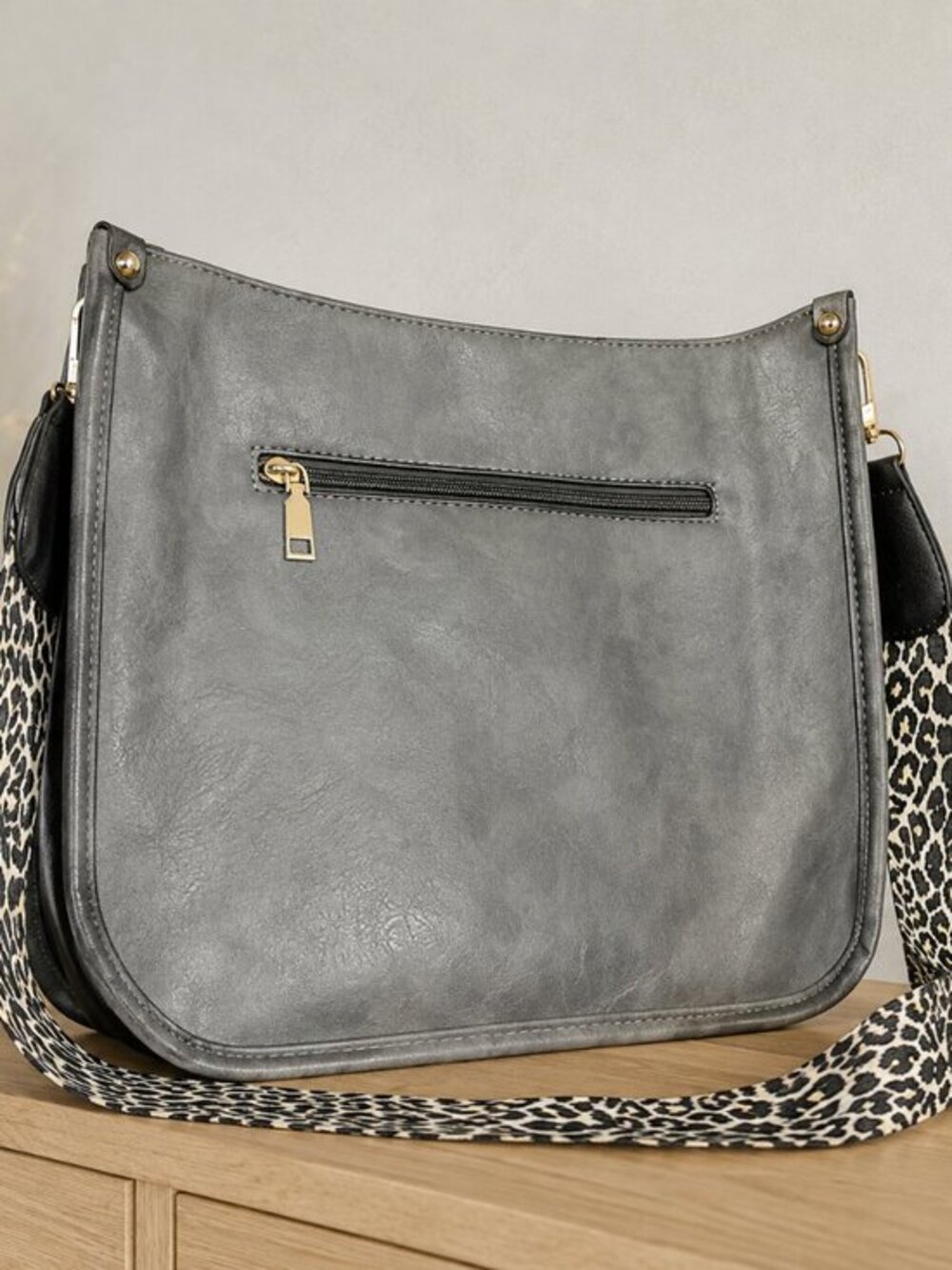 Gray Vegan Leather Messenger Tote Bag Leopard Print Strap NWT